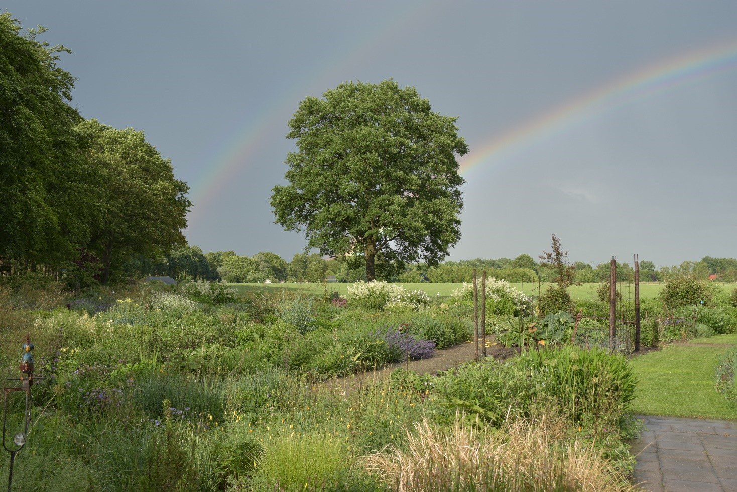 De ecologische tuin van Erve Vennekotte met regenboog